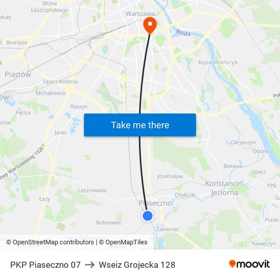 PKP Piaseczno 07 to Wseiz Grojecka 128 map