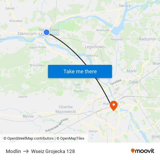 Modlin to Wseiz Grojecka 128 map