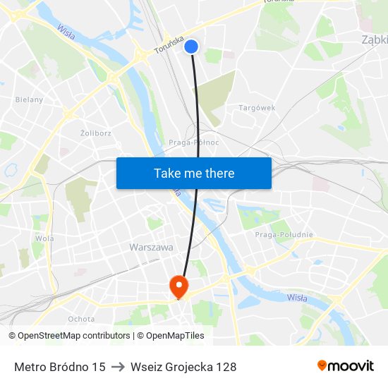 Metro Bródno 15 to Wseiz Grojecka 128 map