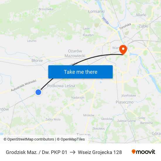 Grodzisk Maz. / Dw. PKP 01 to Wseiz Grojecka 128 map