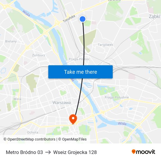 Metro Bródno to Wseiz Grojecka 128 map