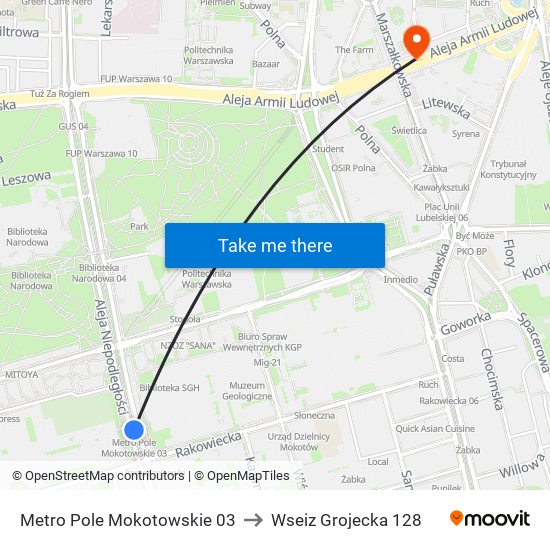 Metro Pole Mokotowskie 03 to Wseiz Grojecka 128 map