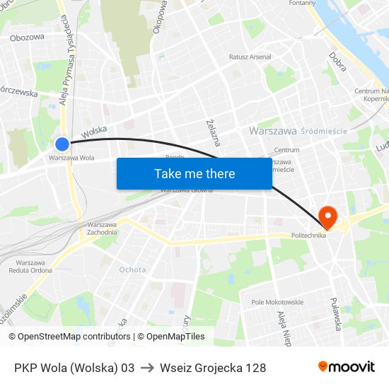 PKP Wola (Wolska) 03 to Wseiz Grojecka 128 map