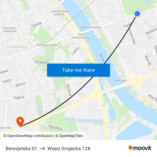 Berezyńska 01 to Wseiz Grojecka 128 map