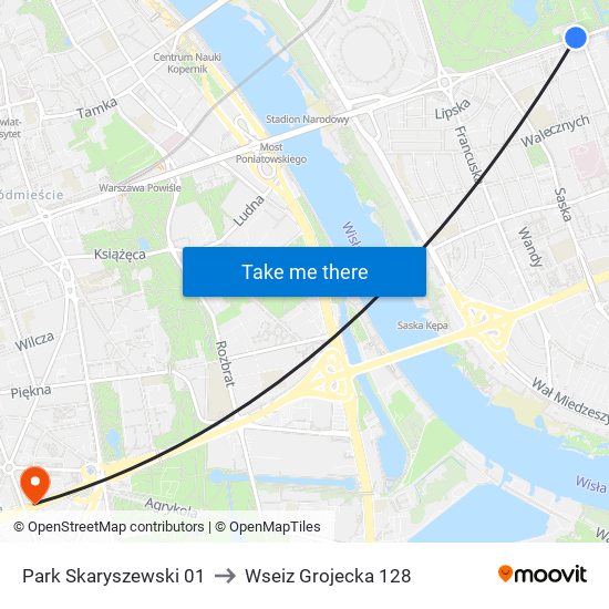 Park Skaryszewski 01 to Wseiz Grojecka 128 map