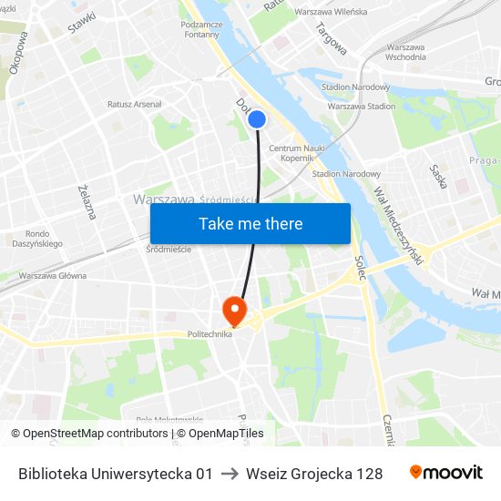 Biblioteka Uniwersytecka 01 to Wseiz Grojecka 128 map