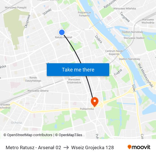 Metro Ratusz - Arsenał 02 to Wseiz Grojecka 128 map