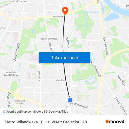 Metro Wilanowska 10 to Wseiz Grojecka 128 map