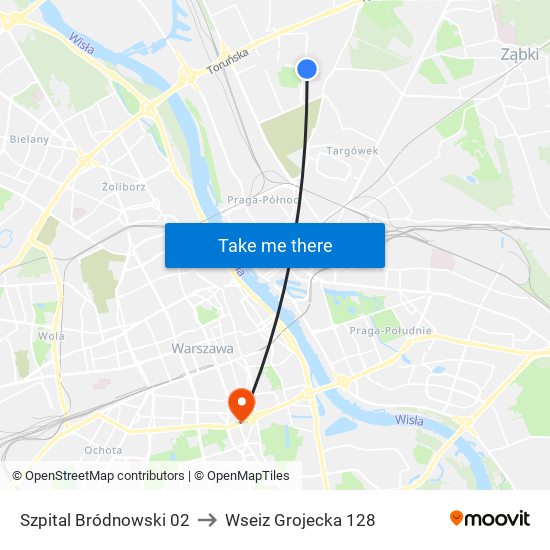 Szpital Bródnowski 02 to Wseiz Grojecka 128 map