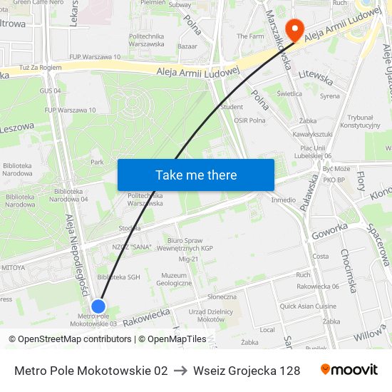 Metro Pole Mokotowskie 02 to Wseiz Grojecka 128 map