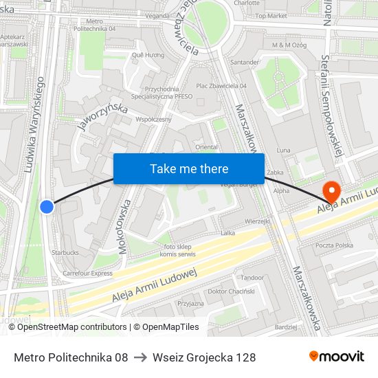 Metro Politechnika 08 to Wseiz Grojecka 128 map