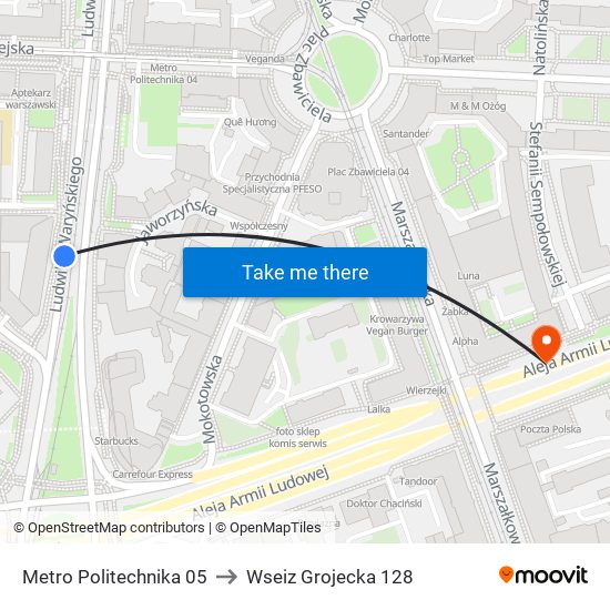 Metro Politechnika 05 to Wseiz Grojecka 128 map