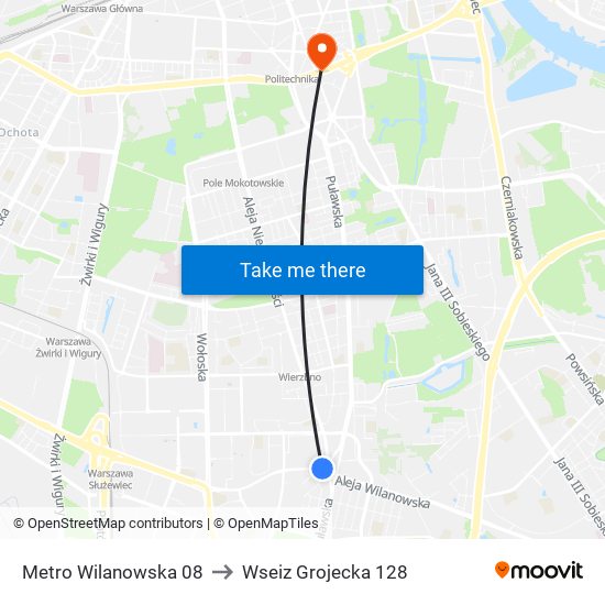 Metro Wilanowska to Wseiz Grojecka 128 map