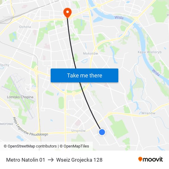 Metro Natolin 01 to Wseiz Grojecka 128 map