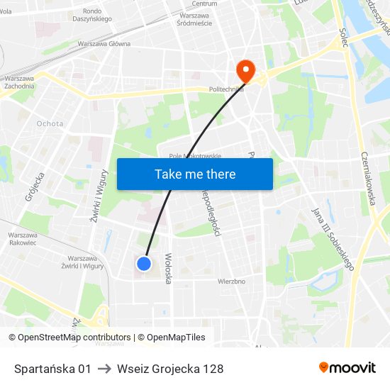 Spartańska 01 to Wseiz Grojecka 128 map