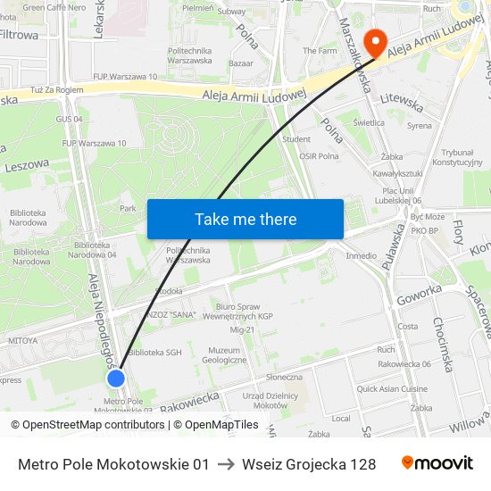 Metro Pole Mokotowskie 01 to Wseiz Grojecka 128 map