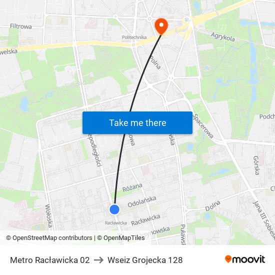 Metro Racławicka 02 to Wseiz Grojecka 128 map