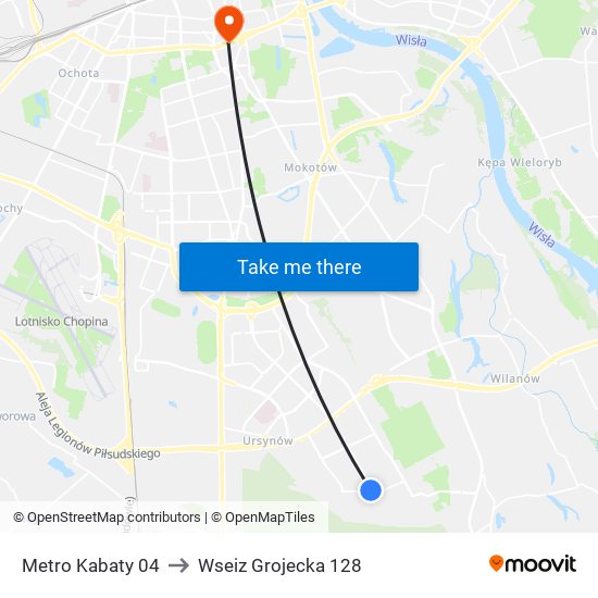 Metro Kabaty 04 to Wseiz Grojecka 128 map