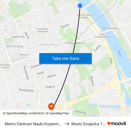 Metro Centrum Nauki Kopernik to Wseiz Grojecka 128 map