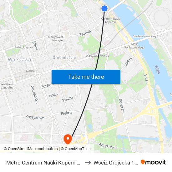 Metro Centrum Nauki Kopernik 01 to Wseiz Grojecka 128 map