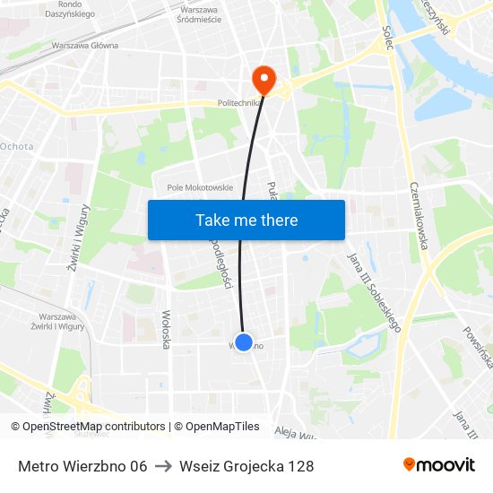 Metro Wierzbno to Wseiz Grojecka 128 map