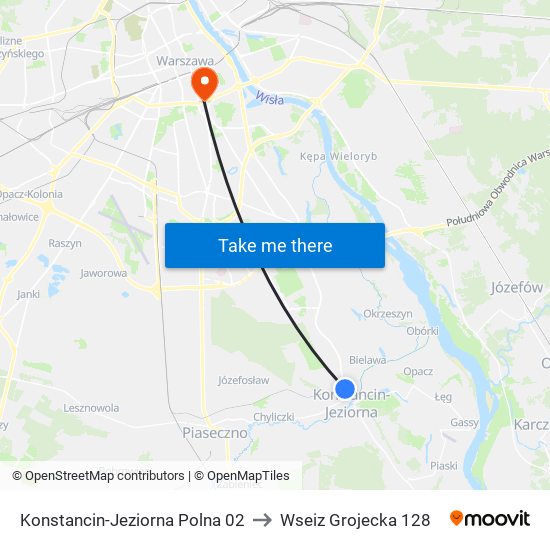 Konstancin-Jeziorna Polna 02 to Wseiz Grojecka 128 map