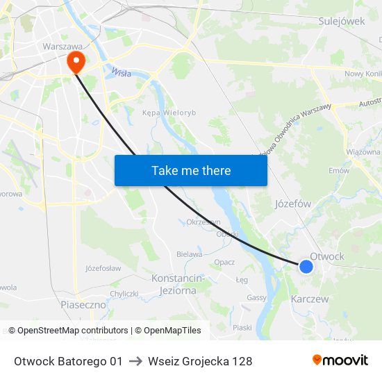 Otwock Batorego 01 to Wseiz Grojecka 128 map