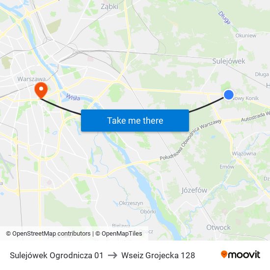 Sulejówek Ogrodnicza 01 to Wseiz Grojecka 128 map