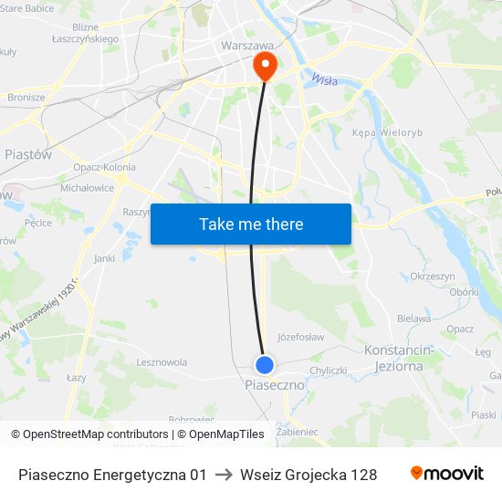 Piaseczno Energetyczna 01 to Wseiz Grojecka 128 map