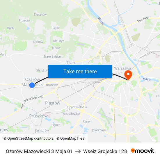 Ożarów Mazowiecki 3 Maja 01 to Wseiz Grojecka 128 map