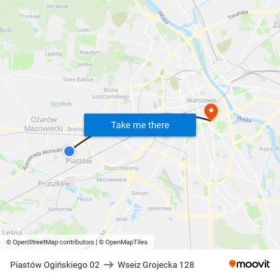 Piastów Ogińskiego 02 to Wseiz Grojecka 128 map