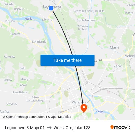 Legionowo 3 Maja 01 to Wseiz Grojecka 128 map