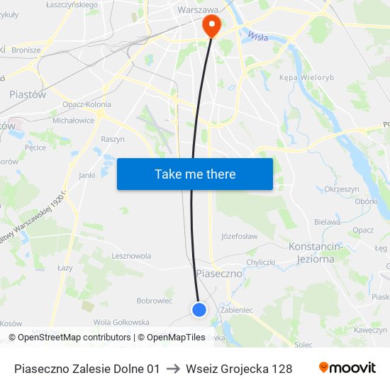 Piaseczno Zalesie Dolne to Wseiz Grojecka 128 map