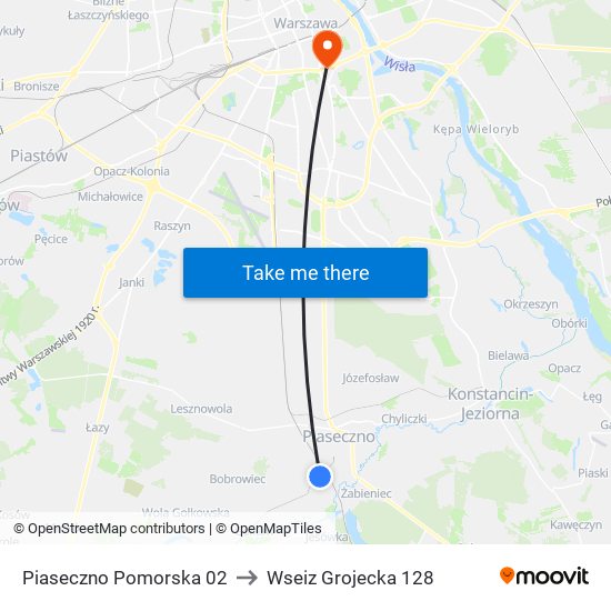 Piaseczno Pomorska 02 to Wseiz Grojecka 128 map