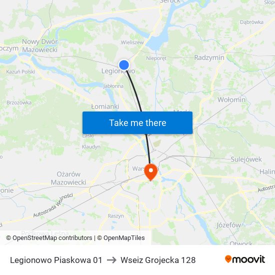 Legionowo Piaskowa 01 to Wseiz Grojecka 128 map