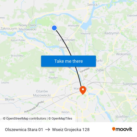 Olszewnica Stara 01 to Wseiz Grojecka 128 map