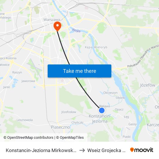 Konstancin-Jeziorna Mirkowska 01 to Wseiz Grojecka 128 map