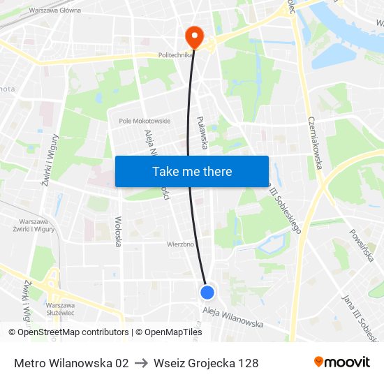 Metro Wilanowska 02 to Wseiz Grojecka 128 map