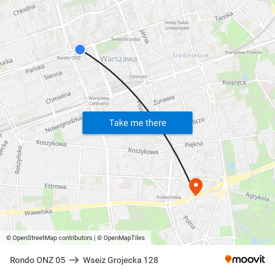 Rondo ONZ 05 to Wseiz Grojecka 128 map