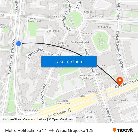 Metro Politechnika to Wseiz Grojecka 128 map