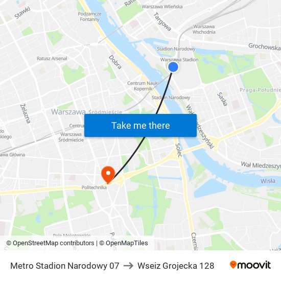 Metro Stadion Narodowy to Wseiz Grojecka 128 map