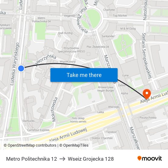 Metro Politechnika 12 to Wseiz Grojecka 128 map