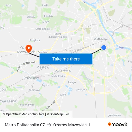 Metro Politechnika to Ożarów Mazowiecki map