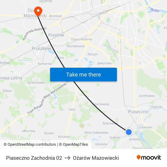 Piaseczno Zachodnia 02 to Ożarów Mazowiecki map