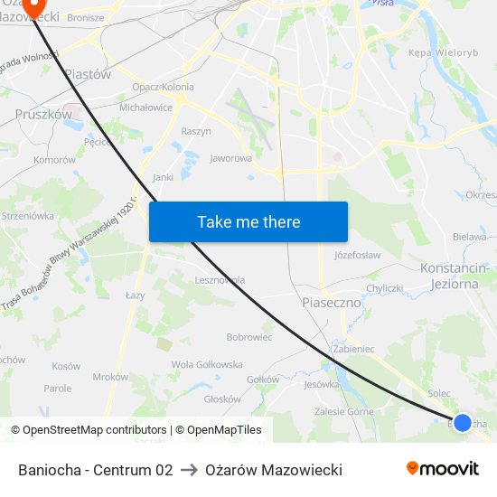 Baniocha-Centrum to Ożarów Mazowiecki map