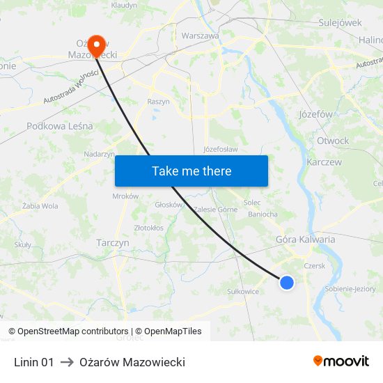 Linin 01 to Ożarów Mazowiecki map