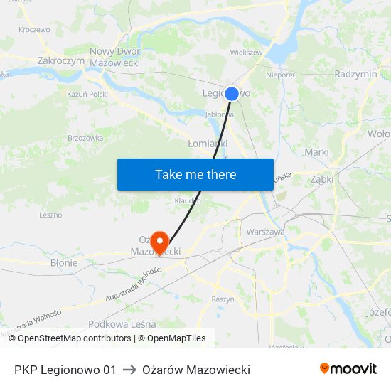 PKP Legionowo 01 to Ożarów Mazowiecki map