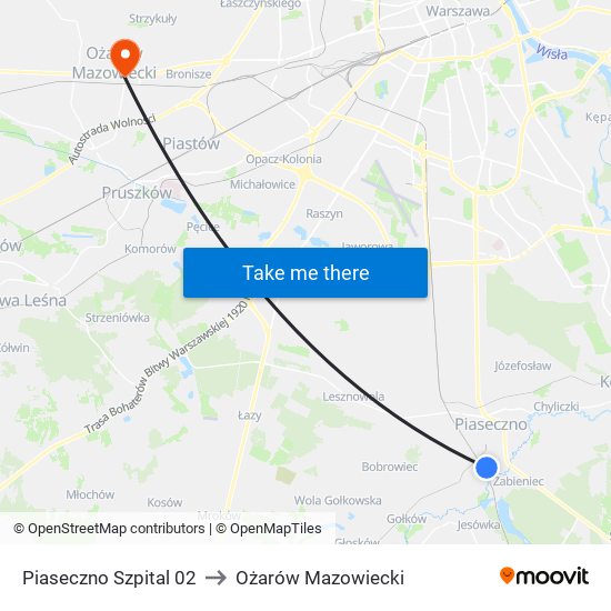 Piaseczno Szpital to Ożarów Mazowiecki map