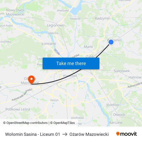 Wołomin Sasina-Liceum to Ożarów Mazowiecki map