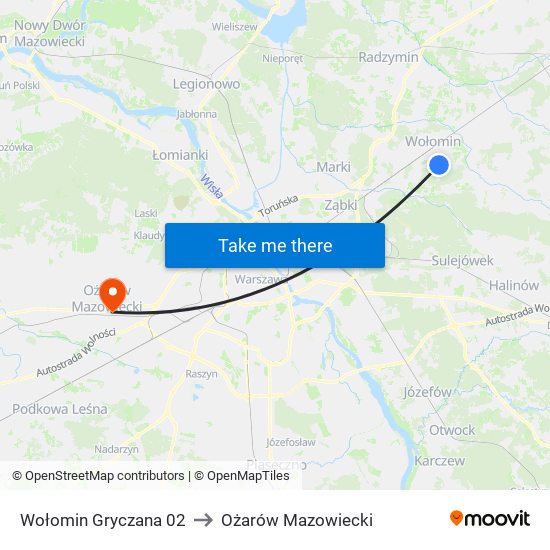 Wołomin Gryczana 02 to Ożarów Mazowiecki map